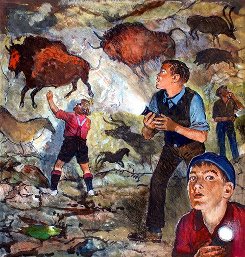 Painting of four French teenagers exploring the Lascaux Cave in 1940, a Paleolithic site famous for colorful paintings of bison, horses, & other animals on its walls