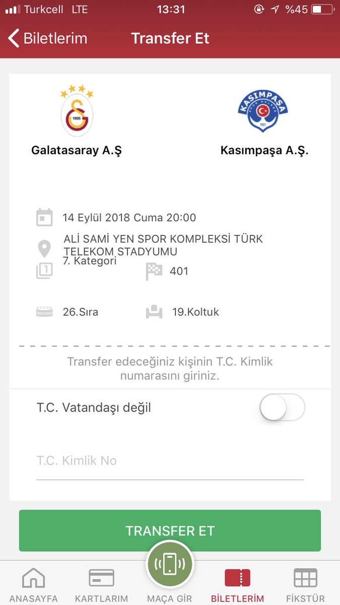 Şehir dışında olduğumdan maça gidemeyeceğim. Gişe fiyatından biletimi devrediyorum. Pazarlık yapılır.
#bilet #biletdevir #Kombinedevret #kombinedevir #galatasaraykombine <a href="/gskombinee/">GalatasarayKombineBilet</a> #galatasaray #kasımpaşa