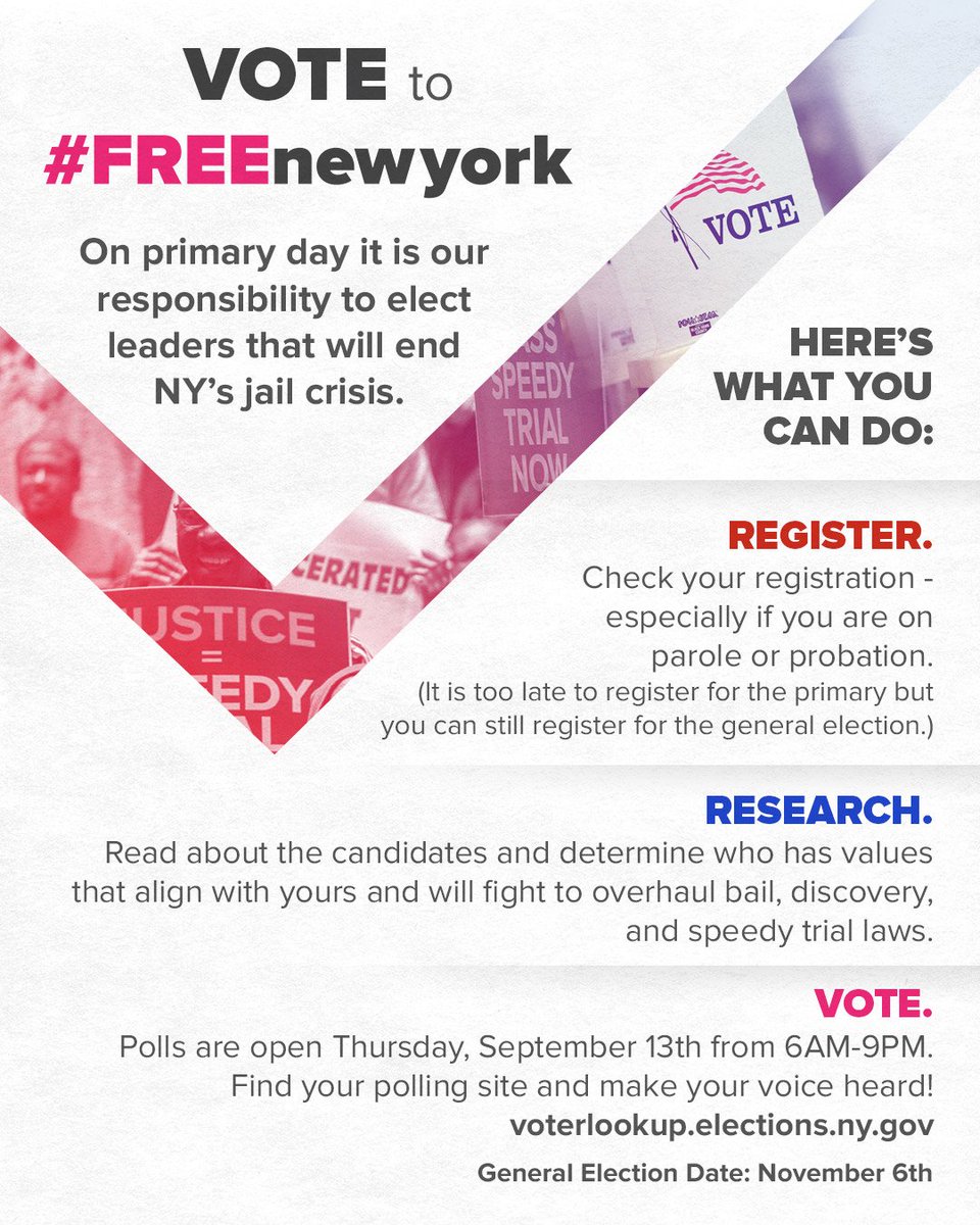 JustLeadersUSA's tweet photo. TOMORROW: #GOTV to #FREEnewyork. 

No one is free until everyone is free. 16K NYers are locked in jails awaiting trial EVERY DAY bc they can’t afford bail. We have the power to elect leaders who will #EndMoneyBail #noRAIs, ensure #DueProcess and overhaul discovery law. https://t.co/spqGW4v6E8