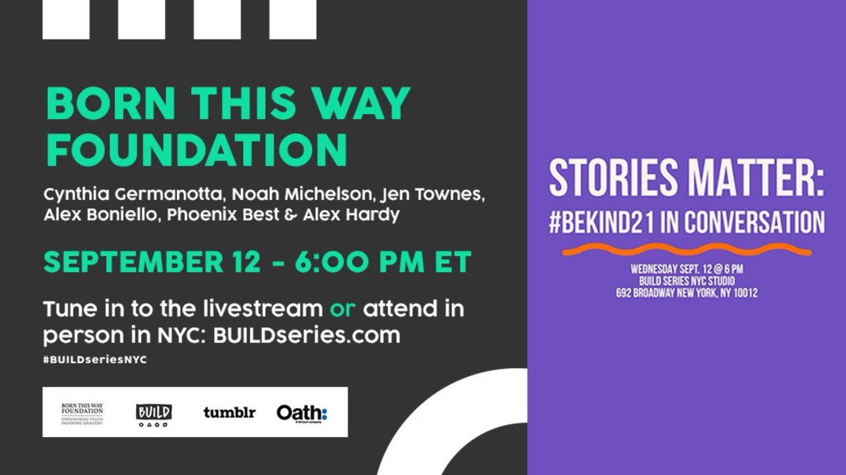 Watch LIVE at 6 p.m. ET tonight!
Stories teach us lessons, they connect us, and they remind us to be kinder - to everyone else + ourselves. Watch <a href="/momgerm/">Cynthia Germanotta</a> <a href="/noahmichelson/">Noah Michelson</a> @AlexBoniello + @misspheeny talk #BeKind21 + share their own stories  at BUILDseries.com