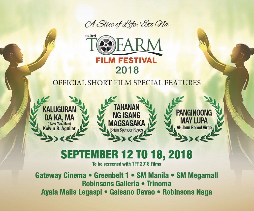 TOFARMFilmFest's tweet photo. Presenting the top three short film finalists! Congratulations to the writer-directors! Your short films will be included in the cinemas with the full length films for everyone to appreciate! 

#etona #paratingna #tofarmfilmfest #tff2018 https://t.co/7wmQwj68Vo
