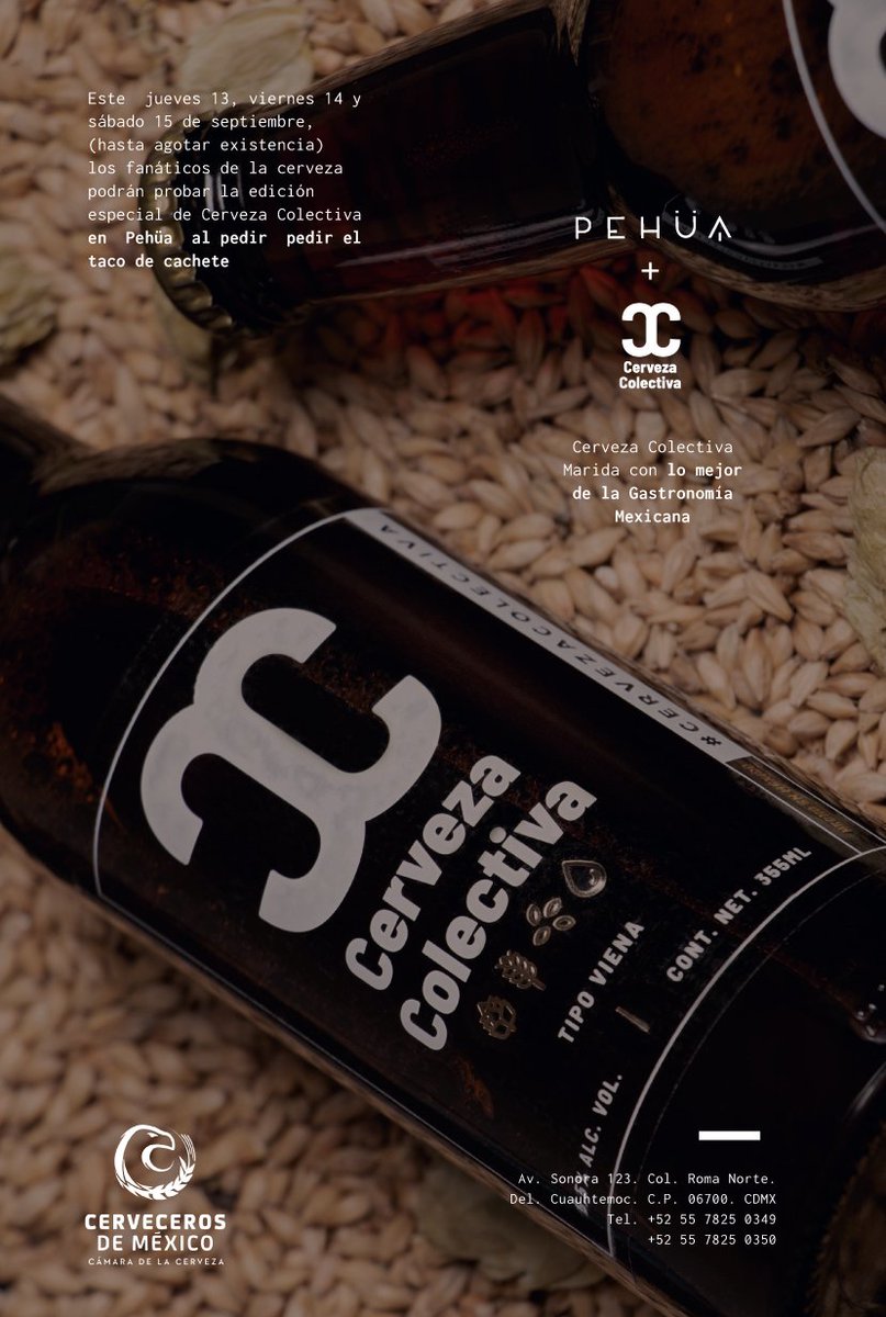 Recuerda que este viernes 14 y sábado 15 de septiembre los fanáticos de la cerveza podrán degustar la edición especial de Cerveza Colectiva en Pehüa al pedir pedir nuestro platillo taco de cachete, ¡No te lo pierdas!  @cervecerosdemexico #cervezacolectiva