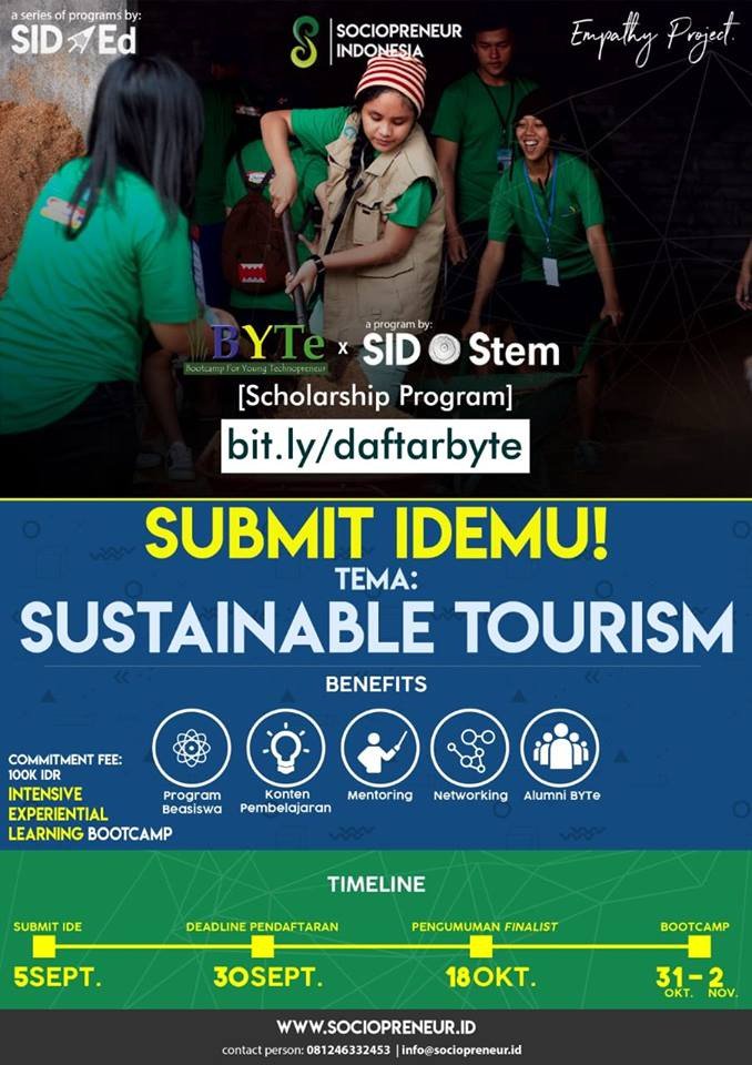 Bootcamp for Young Technopreneur (BYTe) bertujuan untuk membekali pelajar dan mahasiswa menjadi generasi muda yang kreatif, inovatif, dan solutif. 30 peserta terpilih akan memperoleh BEASISWA BYTe. #beasiswa #batam #inovasi #indonesia #kampus #bootcamp #kreatif