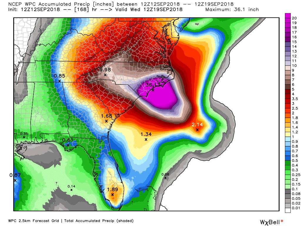 hurrtrackerapp's tweet photo. Very, very concerned about the flood threat in the Carolinas. #Florence will spiral &amp; feed moisture in (helped by the Gulf Stream). In addition, the higher terrain in W NC will help provide lift. Yes, 30-40 inches is now likely given the forecasted slow movement. Get out now! https://t.co/NnM02NkBvt