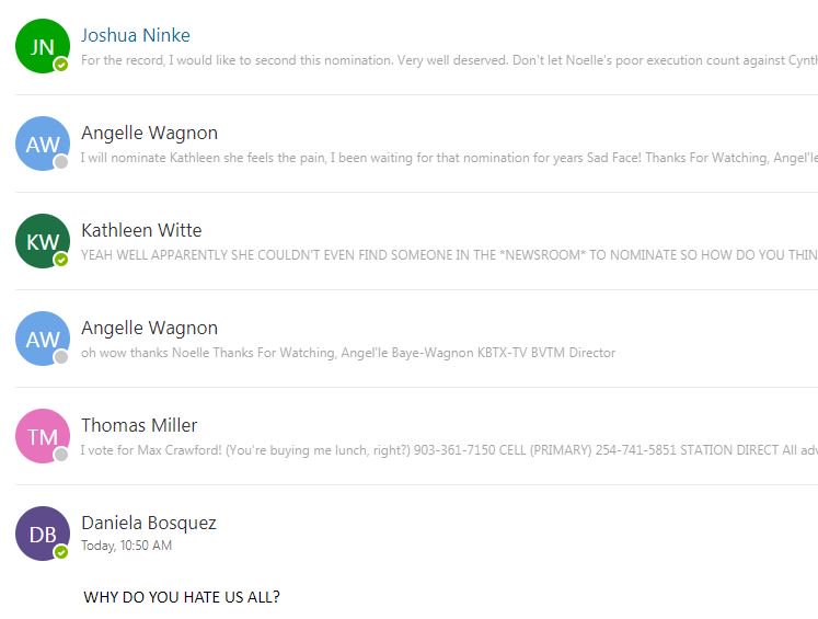 KBTXMax's tweet photo. When @noellebellow accidentally sends her employee of the quarter nomination to the ENTIRE TV STATION and sets in motion the largest "reply all" thread in KBTX Media history #TheSalt #Rude #WhereIsTheLove #SoManyNotifications https://t.co/4HDItuHri5