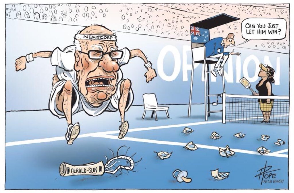 fight_extremism's tweet photo. @AmyKono @steezy_u_beezy @Steph73_NL @pkb05 @mrbenjaminlaw @mackaysuzie 👌, the cartoon from a cartoonist (Mark Night) being ridiculed by another cartoonist (David Pope).

Hilarious too 😂

#USOpen2018 #SerenaWilliams #NaomiOsaka #HeraldSun #Australia #MarkNight #DavidPope #RupertMurdoch

By Fairfax’s @davpope
 @ https://t.co/IyOi8HlOPd