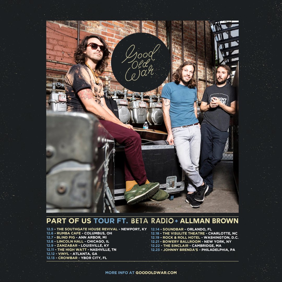 AllmanBrown's tweet photo. I am heading back to the USA this December to support these three fabulously laid back and talented gents @goodoldwar on their tour! Canโt wait to see them in action and play some shows for you all. Tickets are on sale now. #allmanbrown #tour #goodoldwar https://t.co/OxrLQmCfSW