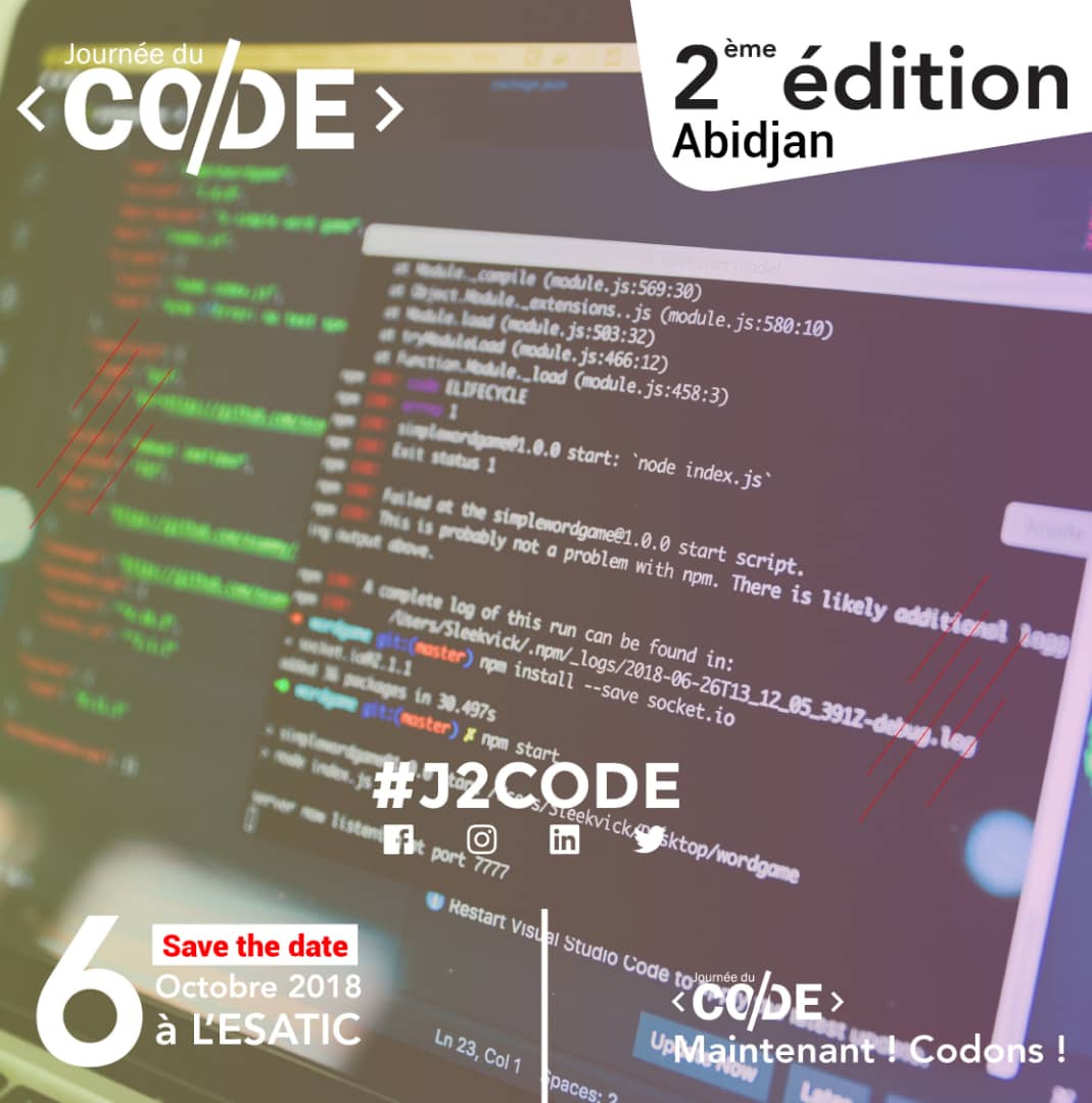 journeeducode's tweet photo. Viens rencontrer des développeurs comme toi. Rendez-vous le 6 Octobre 2018 à ESATIC Treichville. Réserve vite ta place 👉 https://t.co/cbEjijnNA7 #J2CODE #J2Code2018 #MaintenantCodons https://t.co/zk0vmSKeK6
