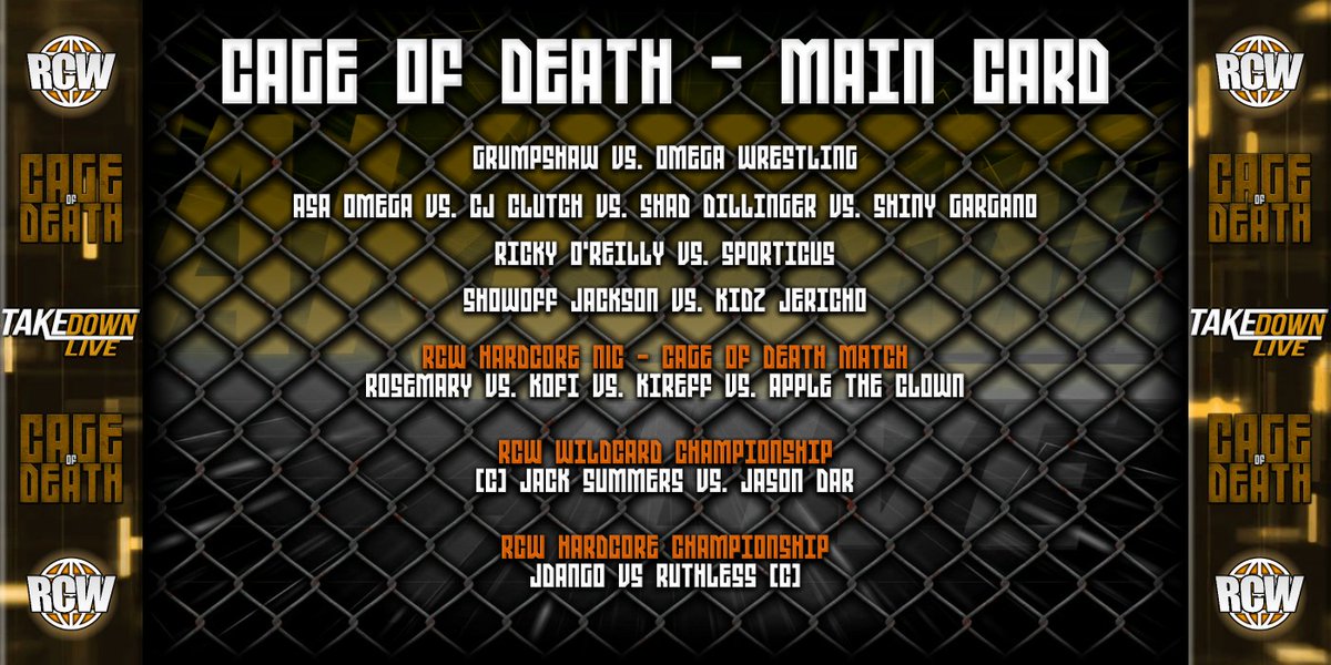 [#TDL] TONIGHT IS THE NIGHT!

Takedown Live presents: #CageOfDeath
Tonight, 6pm EST/11PM GMT

Here's a run-down of the main-card!