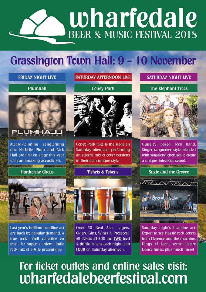 Wharfedale Beer Festival 2018 Fri 9 - Sat 10 November. Tickets NOW ON SALE online at wharfedalebeerfestival.com/buy-tickets/ - Further offline ticket outlets to be announced next week.