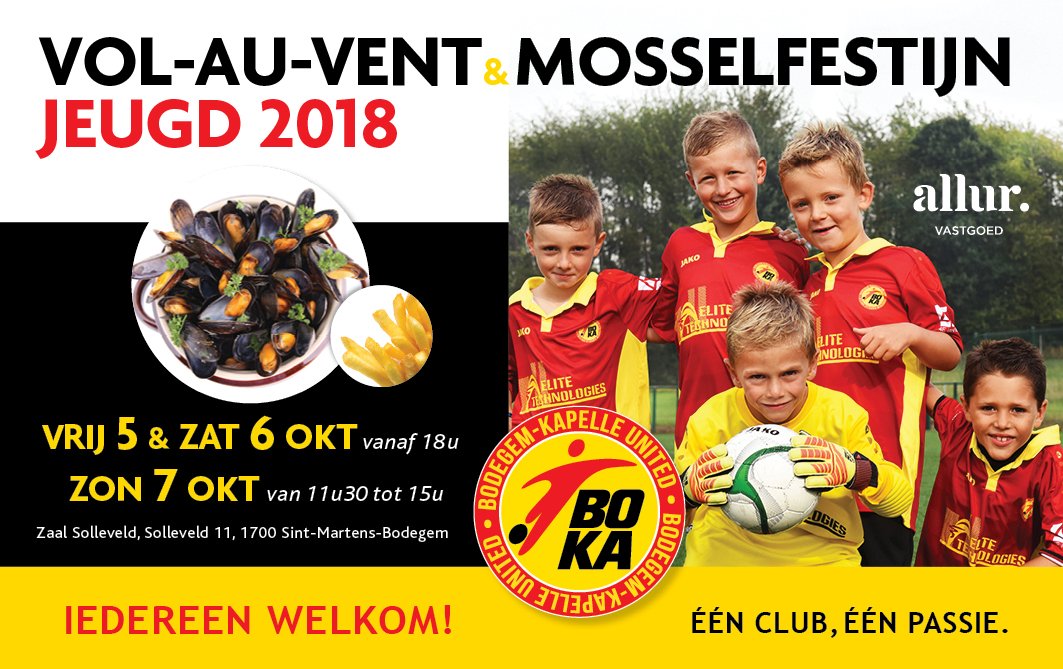 BOKA_United's tweet photo. Op vrijdag 5, zaterdag 6 en zondag 7 oktober 2018 organiseert de jeugdwerking van BOKA United het jaarlijkse Vol-au-vent en Mosselfestijn in zaal Solleveld. We verwachten jullie talrijk! https://t.co/F9Ouc4iR9p #bokaunited #dilbeek #jeugdvoetbal https://t.co/NMavxrs3P6