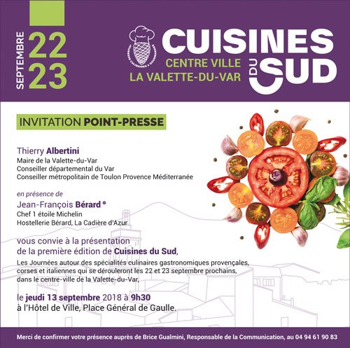 nathalieandrieu's tweet image. POINT-PRESSE JEUDI 13 SEPTEMBRE À 9H30 : Présentation de l'évènement Cuisines du Sud, journées culinaires gastronomiques à la @lavalette83160 en présence de M. le Maire et de Jean-François Bérard, chef 1 étoile Michelin #12chefsétoilés #gastronomie
