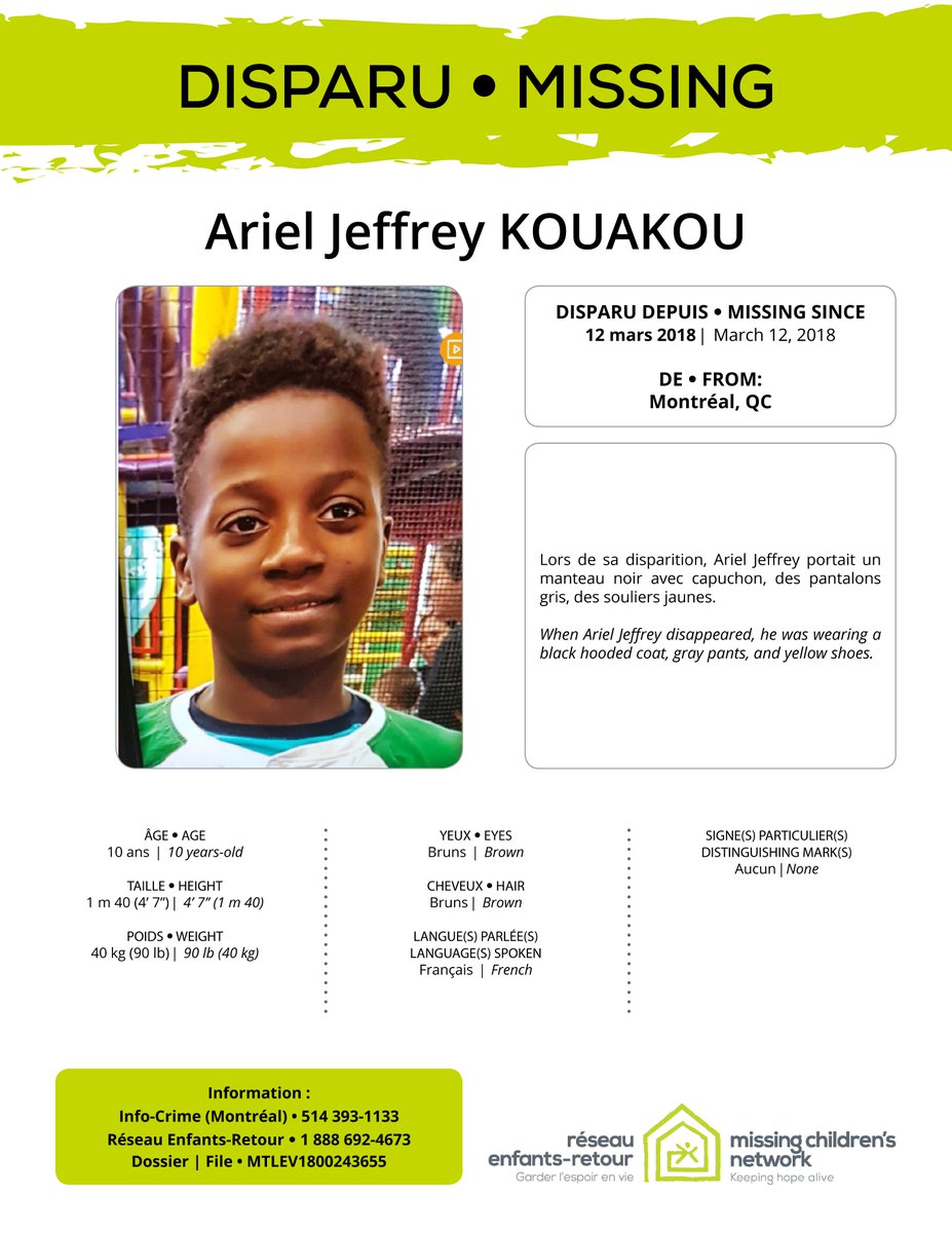 EnfantsRetour's tweet photo. Cela fait déjà 6 mois…  184 jours…  4 416 longues et douloureuses heures que Ariel Kouakou, 10 ans, a disparu sans laisser de trace de #AhuntsicCartierville.
Nous vous demandons de continuer de faire circuler la photo d’Ariel afin qu’il revienne à la maison. Merci https://t.co/MN66I6Gqnl