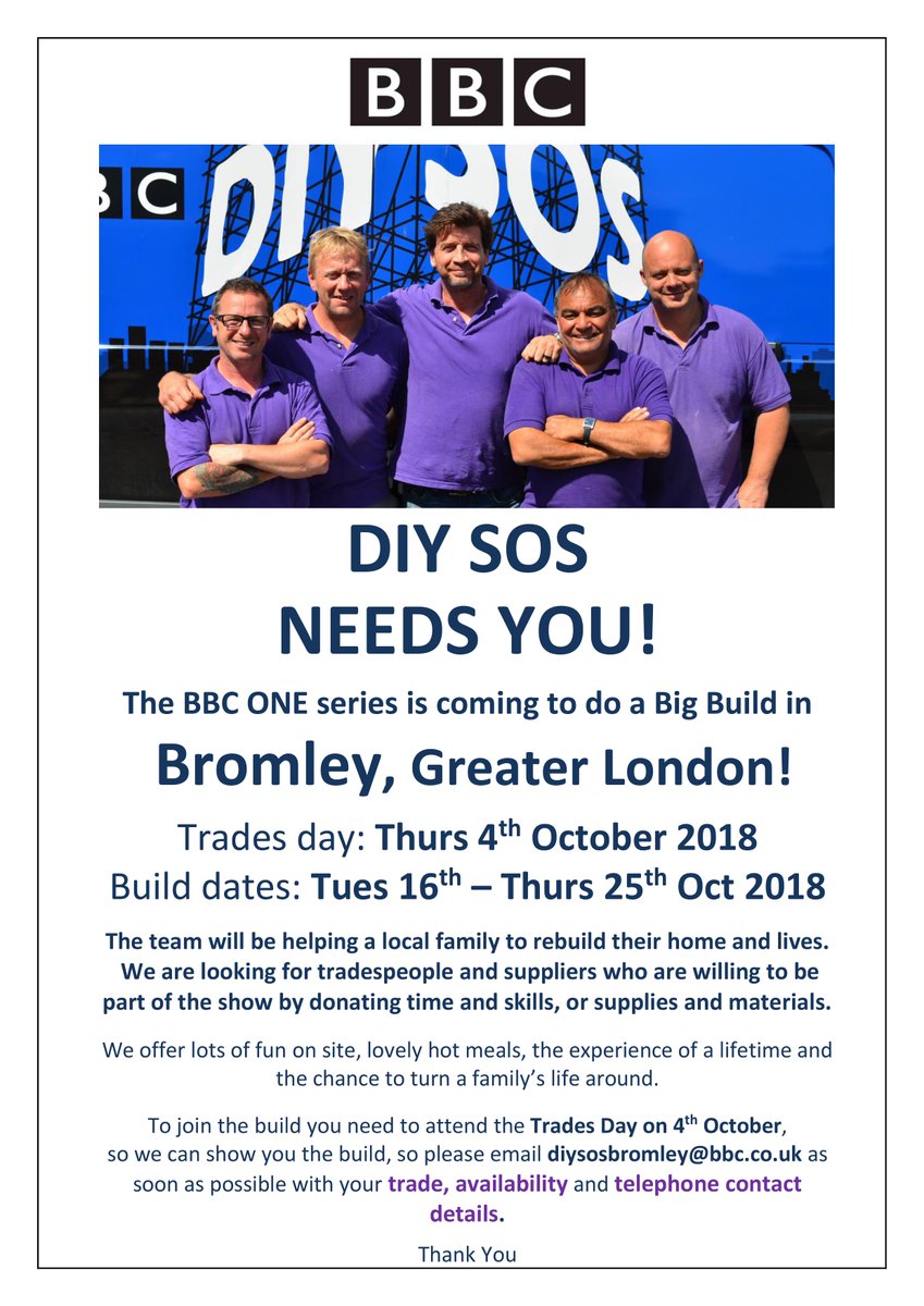 We're pleased to announce our LAST Big Build of the year, next month in Bromley! We're looking for help from local suppliers, tradespeople and more! 

Can you help? Please email diysosbromley@bbc.co.uk. Build dates: Tues 16th - Thurs 25th Oct. Please RT!
