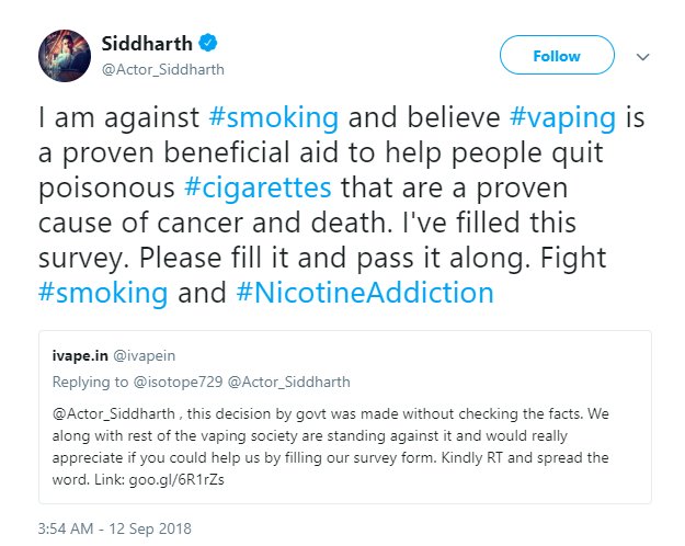 ivapein's tweet photo. While many have turned a blind eye to the benefits of vaping there are few who are spreading awareness about vaping. It's time we all join forces and stand against the ban. Kindly fill in the survey https://t.co/Uy7UkYBDvY &amp; share to spread the word. #RegulateDontBan @vapeindia https://t.co/3vsgpciYOm