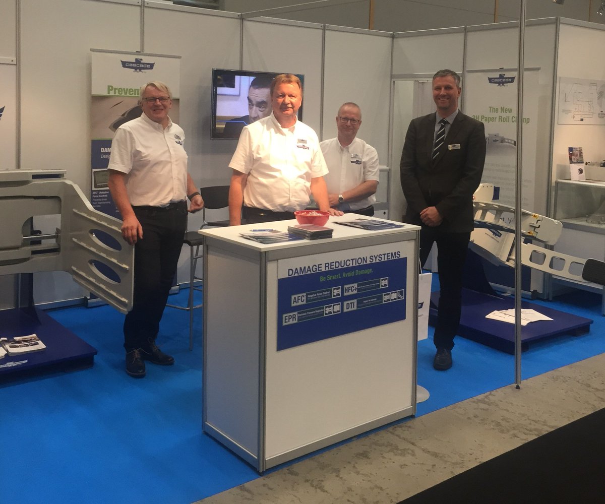 CascadeEurope's tweet photo. First day of Logistiikka in Tampere! 
Came to our booth 301 in Hall C to find out more about attachments suitable for Paper and Recycling industry! 
#logistiikka #tamperenmessut #materialhandling #paperindustry #recycling #damagereduction #engineering https://t.co/463BxpSP5X
