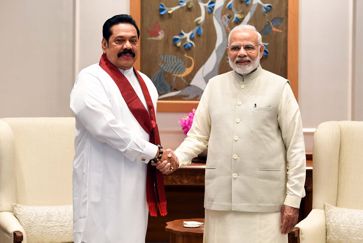 PMOIndia's tweet photo. Former President of Sri Lanka, Mr. Mahinda Rajapaksa met PM @narendramodi in New Delhi. @PresRajapaksa https://t.co/2bvRaLDjzI