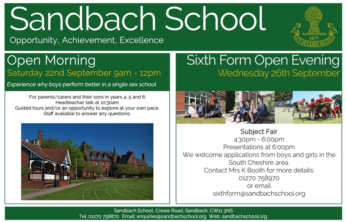 SandbachSchool's tweet photo. Don't forget about our upcoming events in September for both the Whole school open morning on Saturday 22nd and Sixth form open evening on the Wednesday 26th. Further details can be found below or on our school website.

https://t.co/ytHeILqBto https://t.co/G0COhU8gR1