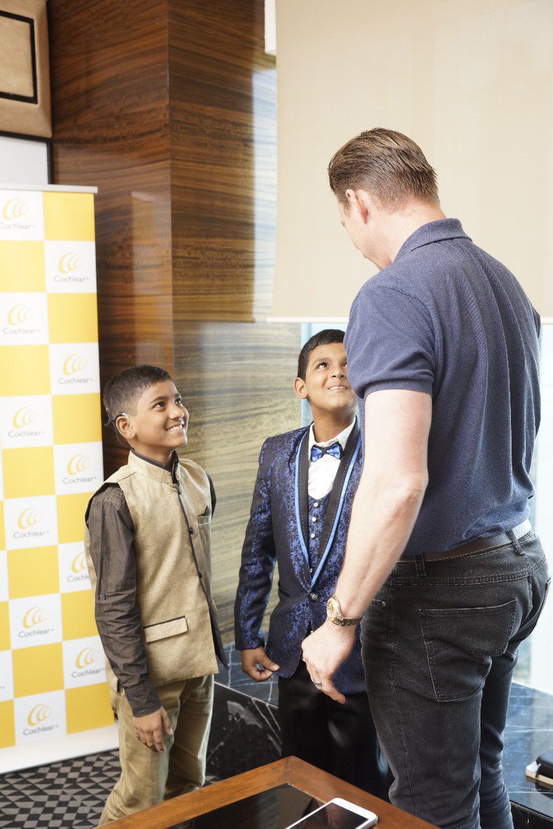 CochlearIndia's tweet photo. Both, 11-years-old recipients Sairaj Mahamunk & Durvesh Mahadik, implanted in 2016 have one thing in common - Their love for drawing amazing artworks. Here are a few pictures of them sharing a quick chat with Global Hearing Ambassador @BrettLee_58 at the #SoundsOfCricket today. https://t.co/44EiYbtgdk