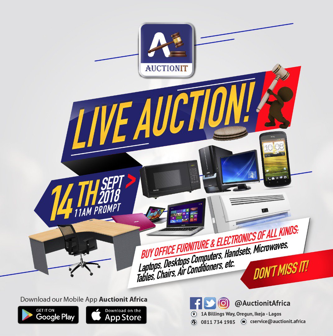 auctionitafrica's tweet photo. More than 100 Furniture and Electronics are up for Auction at our office. Highest bidder wins. For enquiries, Call 08117341985 or visit https://t.co/drQpd7o1zt
#AuctionitAfrica
#auction
#WednesdayWisdom https://t.co/50tk1mJPba