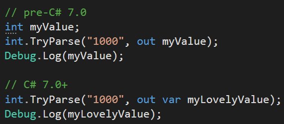 dmitriy_focus's tweet image. ๐ก#Unity3D 2018.3 Beta Scripting Gems!
We have Roslyn and C# 7.2!
Part 1 of most nice features:
- out Variables
- Pattern Matching
- ref locals and returns
- local functions
#unitytips