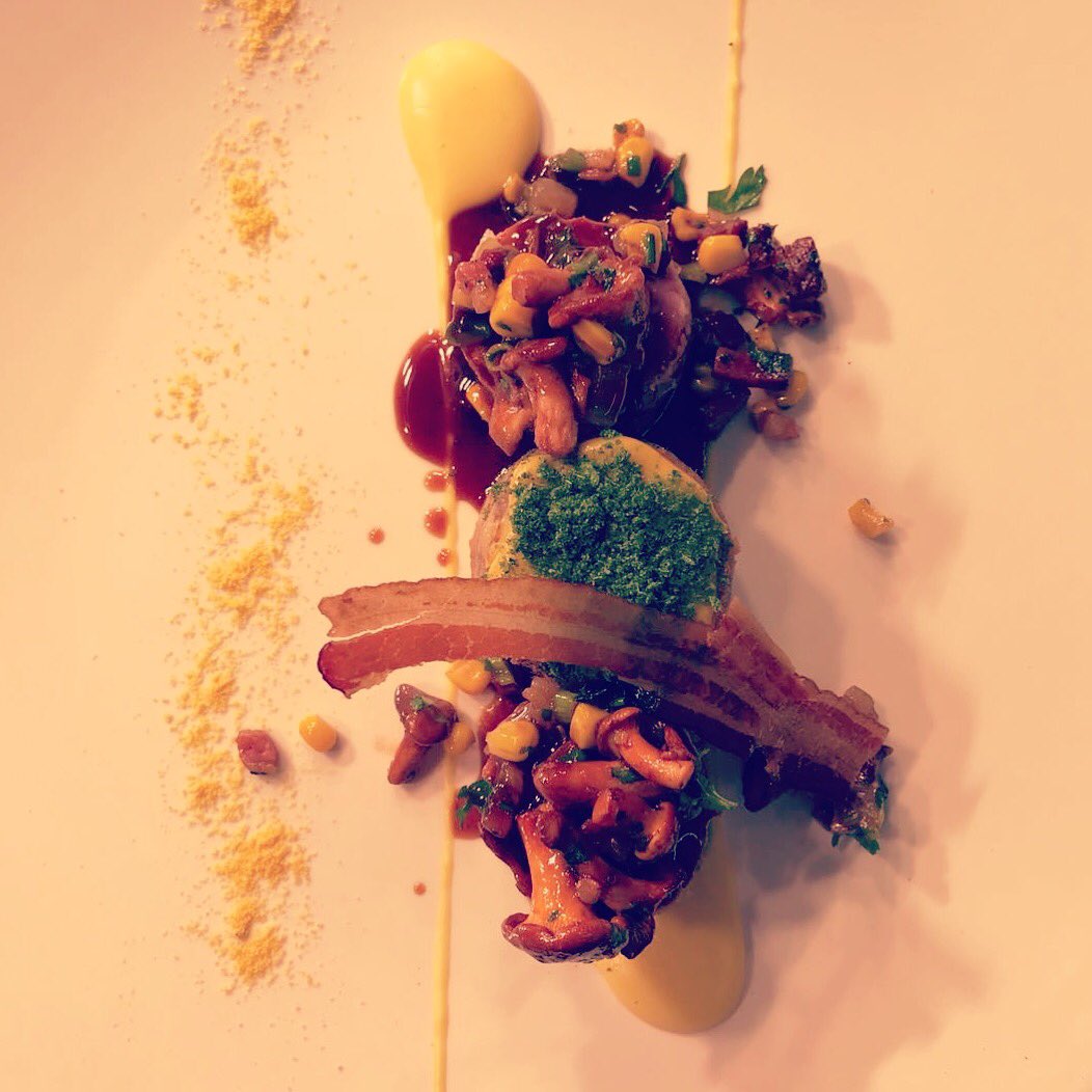 Pork Fillet, Confit Neck, Pancetta, Girolles, Sweetcorn #oneonefour #teddington #newdish #restaurant #casualfinedining #chef #food #foodie #foodporn #porkneck #girolles #pancetta #supportlocal #independentrestaurant #london #southwestlondon #richmond #middlesex