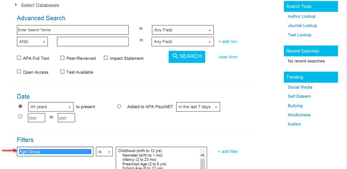 APA_Databases's tweet image. Doing research on children, adolescents, middle aged adults, or the elderly? Finding and limiting your search results to specific age group(s) is easy on #APA #PsycNET. When constructing your search, you can use the Age Group limiters in the &quot;Only Show Content Where&quot; section.