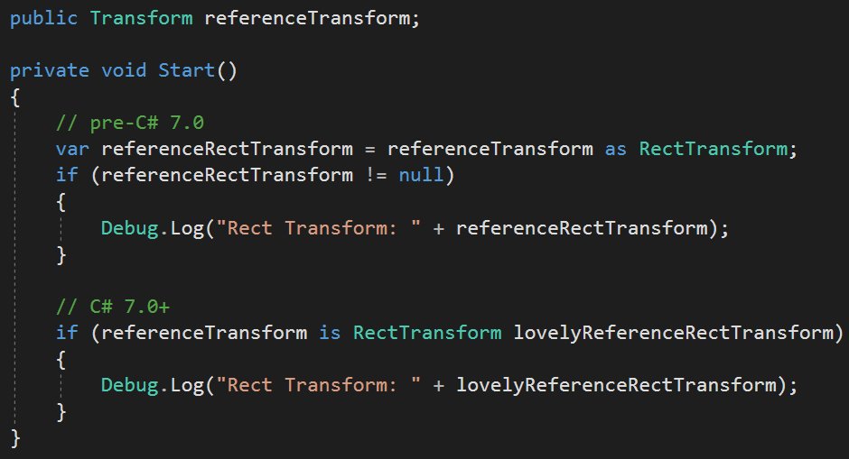 dmitriy_focus's tweet image. ๐ก#Unity3D 2018.3 Beta Scripting Gems!
We have Roslyn and C# 7.2!
Part 1 of most nice features:
- out Variables
- Pattern Matching
- ref locals and returns
- local functions
#unitytips