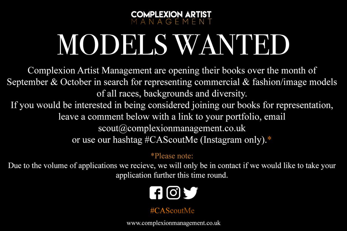 CAManagements's tweet image. COMMERCIAL &amp;amp; FASHION/EDITORIAL MODELS IN LONDON LOOKING FOR REPRESENTATION SEND US AN EMAIL! #Models #CommercialModel #CommercialModels #FashionModel #FashionModels #LFW #LONDONFASHIONWEEK #CAScoutMe RT