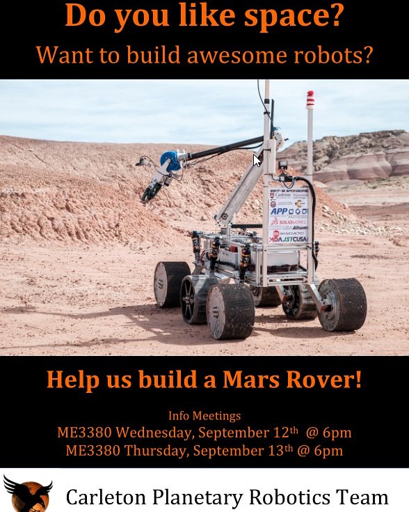 CUSpaceRobotics's tweet image. We're recruiting for the new year! If youre interested in rovers, robots, or space, come out to our info session in Mackenzie 3380 today or tomorrow. 
No experience required, and it doesn't matter what program or year you're enrolled in. We teach you what you need to know.