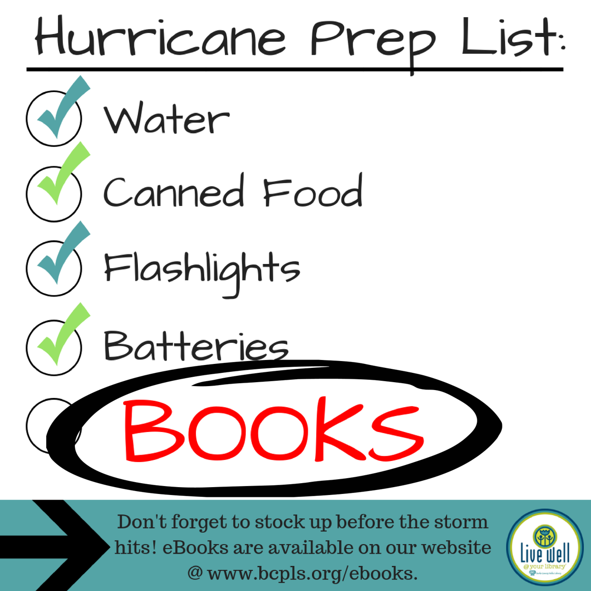 bcpls's tweet photo. Stay safe and don't wait! Come stock your book bag before the storm hits! #eBooks powered by @OverDriveLibs are available 24/7 @ https://t.co/Lr55IPScr1 . Watch our #Facebook page &amp; website for any closures or program cancellations due to weather. #FlorenceNC #HurricaneFlorerence https://t.co/vYTg08z7hr