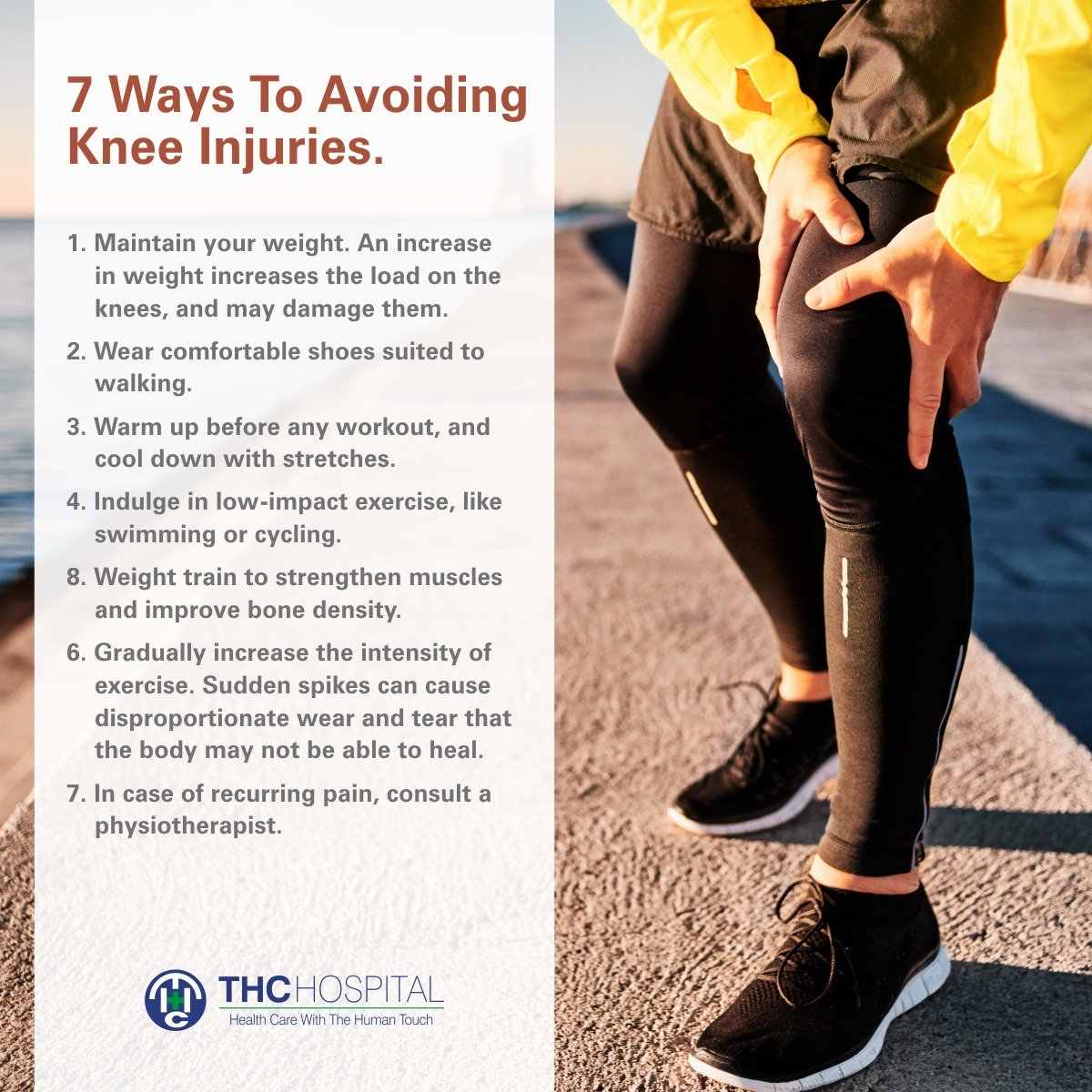 THCHospital's tweet photo. Follow @thchospital for more on #health and #wellbeing. Tag someone who’ll like this!
#THCcares 
https://t.co/sZ9yUNPQ6Q
 #thanehealthcare  #AvoidingKneeInjuries #Maintain #weight #load #knees #damage #Wearcomfortableshoes #walking #Warmup #workout #cool #stretches #Indulge https://t.co/jdX5Z5aoWM