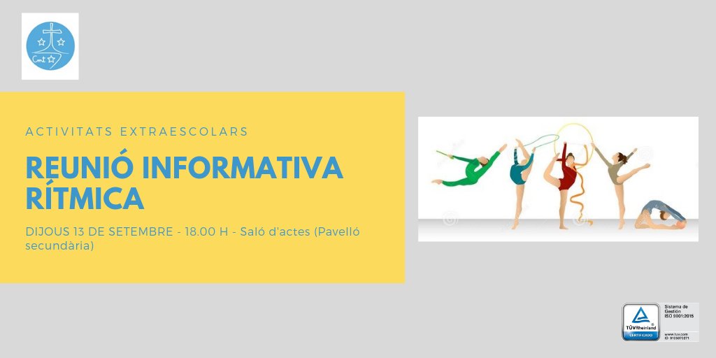carmelitestgn's tweet photo. #ADMTWC #EXTRC Us informem que dijous 13.09 a les 18 h es farà al Saló d'actes de l'escola (pavelló de secundària) la reunió informativa de rítmica. #VIUCARMELITES #INICIEMCURS https://t.co/eqNqZsSpfh