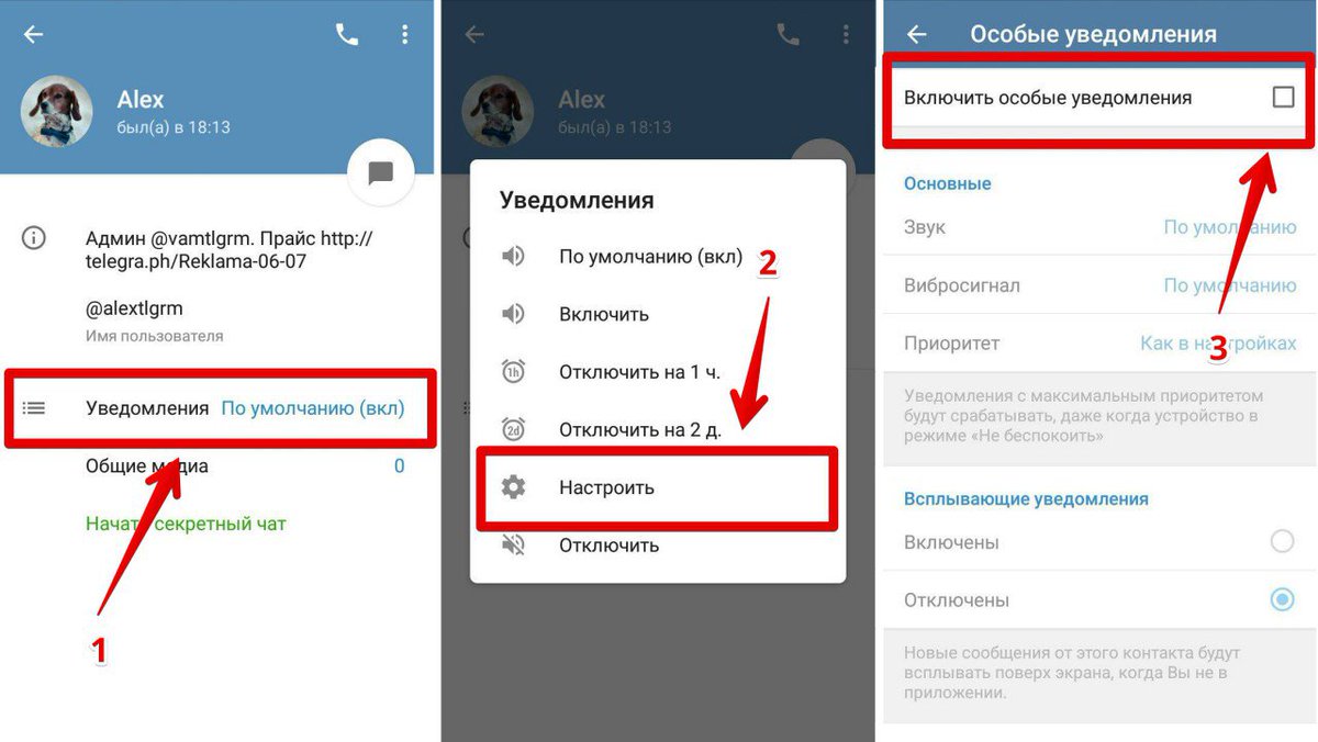 Персонализированные настройки уведомлений

В Telegram для каждого чата, группы или канала можно задать особые настройки уведомлений. 
Для этого зайдите в профиль чата (нажать на аватарку), откройте раздел «Уведомления» и выберите пункт «Настроить».