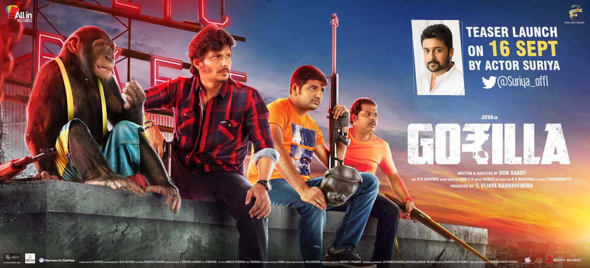 All In Pictures (@all_in_pictures) on Twitter photo Get ready peeps!! GORILLA Teaser will be launching on 16th September by <a href="/Suriya_offl/">Suriya Sivakumar</a>
#GorillaTeaseronSep16
@Actorjiiva <a href="/shalinipandeyyy/">Shalini</a> <a href="/SamCSmusic/">𝐒𝐀𝐌 𝐂 𝐒</a> <a href="/actorsathish/">Sathish</a> <a href="/iYogiBabu/">Yogi Babu</a> <a href="/AntonyLRuben/">Editor Ruben</a> <a href="/All_In_Pictures/">All In Pictures</a> <a href="/7screenstudio/">Seven Screen Studio</a> <a href="/SonyMusicSouth/">Sony Music South India</a> Get ready peeps!! GORILLA Teaser will be launching on 16th September by <a href="/Suriya_offl/">Suriya Sivakumar</a>
#GorillaTeaseronSep16
@Actorjiiva <a href="/shalinipandeyyy/">Shalini</a> <a href="/SamCSmusic/">𝐒𝐀𝐌 𝐂 𝐒</a> <a href="/actorsathish/">Sathish</a> <a href="/iYogiBabu/">Yogi Babu</a> <a href="/AntonyLRuben/">Editor Ruben</a> <a href="/All_In_Pictures/">All In Pictures</a> <a href="/7screenstudio/">Seven Screen Studio</a> <a href="/SonyMusicSouth/">Sony Music South India</a>