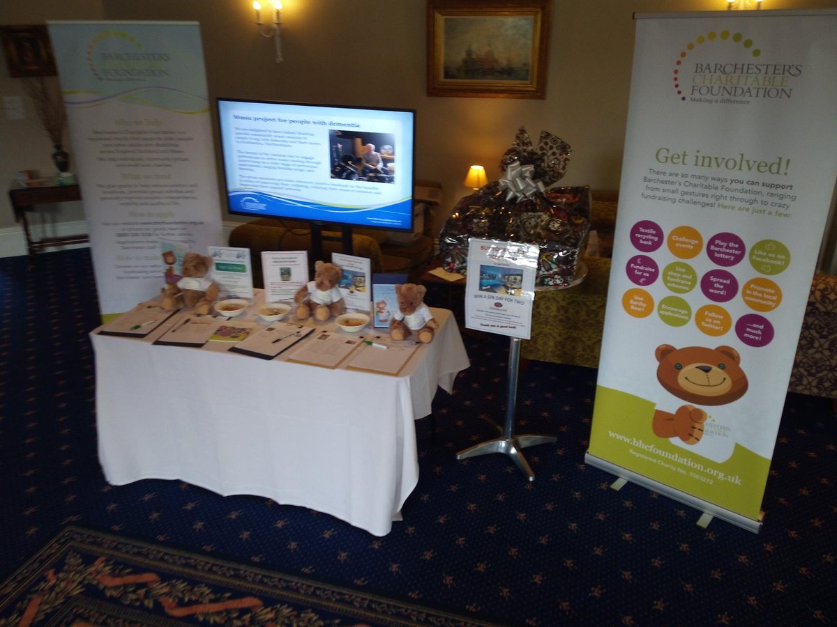 Barchester_FDN's tweet photo. Our stand looking great today at the @Barchester_care QF CENTRAL
conference thanks to Michael and Hannah. Big thanks to everyone supporting our charity raffle with a chance to win the fabulous prizes donated by @HallWhittlebury and friends & suppliers of #Hollyfields care home! https://t.co/8gdD9WnhHg