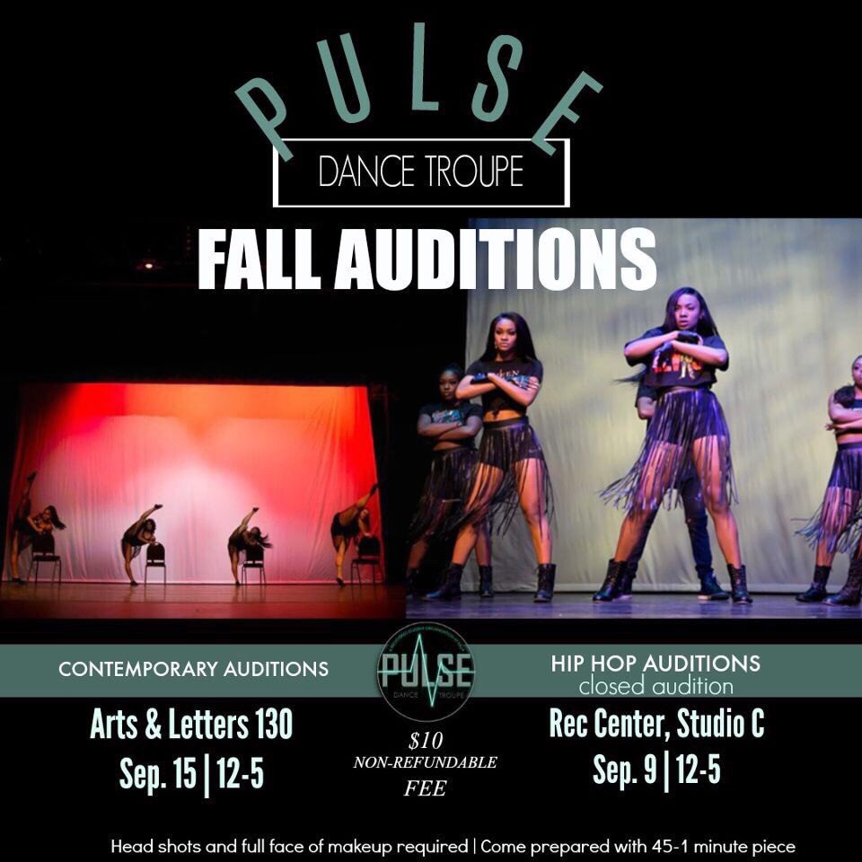 Fau_Pulse's tweet photo. CALLING ALL DANCERS!! The time has finally come for Pulse Fall Auditions! Dancers must come with a full face of makeup and $10 non-refundable fee. Dancers must also come prepared with :45-1:00 of personal choreography to present to judges. We hope to see you there! https://t.co/Q9qw3Ok5XA