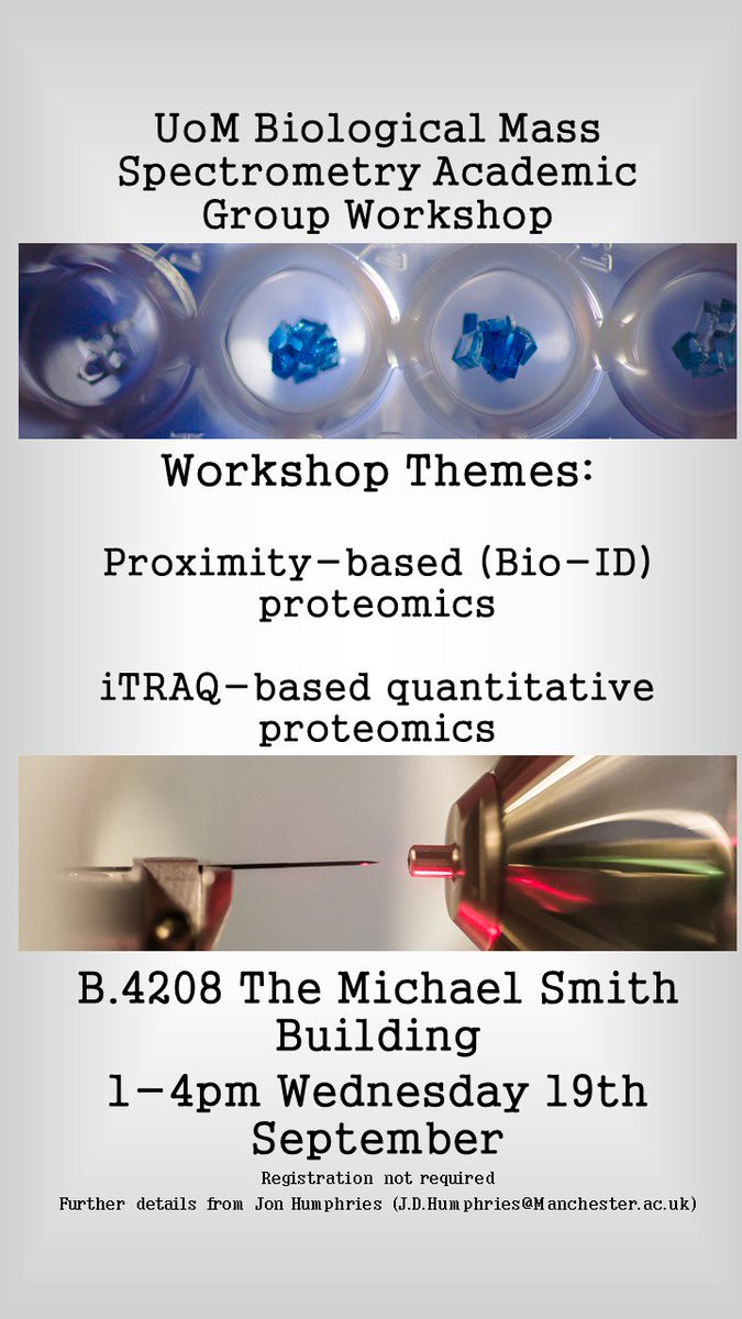 Jon Humphries (@jdhl18) on Twitter photo We're having a #Proteomics workshop for <a href="/FBMH_UoM/">UoM Biology, Medicine and Health</a> researchers.
The 1st one will be 1-4pm Wednesday 19th September in B.4208 The Michael Smith Building. We have some excellent talks on Proximity-based (Bio-ID) proteomics and iTRAQ-based quantitative proteomics. <a href="/BioMS_ManUni/">Bio-MS Manchester</a> We're having a #Proteomics workshop for <a href="/FBMH_UoM/">UoM Biology, Medicine and Health</a> researchers.
The 1st one will be 1-4pm Wednesday 19th September in B.4208 The Michael Smith Building. We have some excellent talks on Proximity-based (Bio-ID) proteomics and iTRAQ-based quantitative proteomics. <a href="/BioMS_ManUni/">Bio-MS Manchester</a>