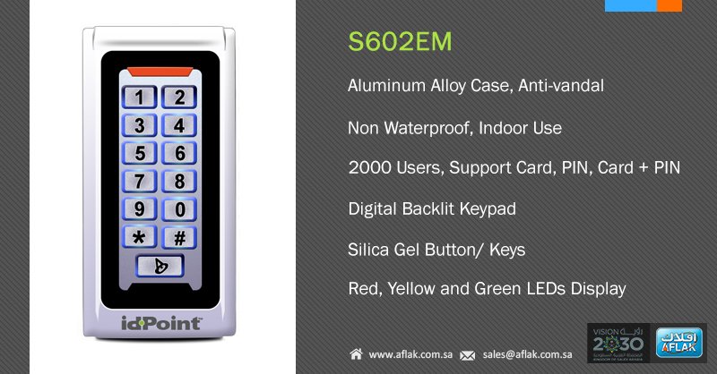 AflakElectronic's tweet photo. #Idpoint #S602EM Stand Alone hashtag#DoorAccess Keypad
- Standalone access controller
- 2000 user large capacity memory
- Strong zinc alloy vandal proof case
- IP68 Weather Proof housing
- Support Wiegand
- Build-in buzzer & alarm
Visit: https://t.co/fO3Li9DHy3 https://t.co/gDjUS5yB2l