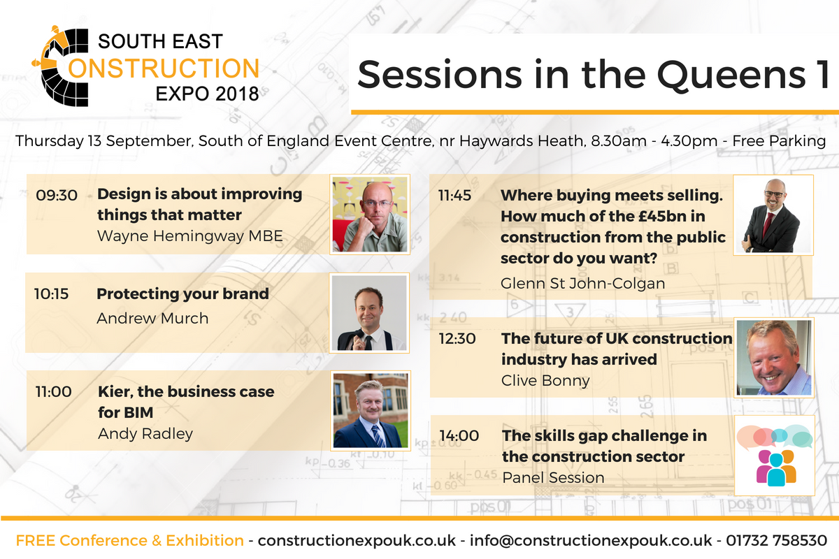 ConstructExpo's tweet photo. Take a look at the speakers in the Queens 1 tomorrow - who do you want to see? @HemingwayDesign @kiergroup @NucleusIP @augmentasgroup1 @PassivPod @EastSussexCC @shellster_dan https://t.co/ARD7w013qv