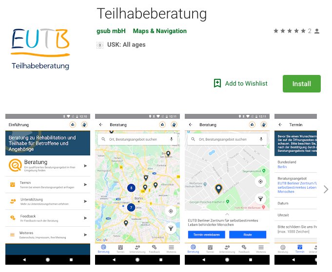 BMAS_Bund's tweet photo. Fragen zur Teilhabe und Rehabilitation? Einfach ein Beratungsangebot der Ergänzenden unabhängigen Teilhabeberatung (#EUTB) in Ihrer Nähe finden oder Wunschtermin vereinbaren? Die App „Teilhabeberatung" bietet Unterstützung bei Fragen zur #Teilhabe: 
https://t.co/b2MLgUbqT2 https://t.co/sA3hrbL96J