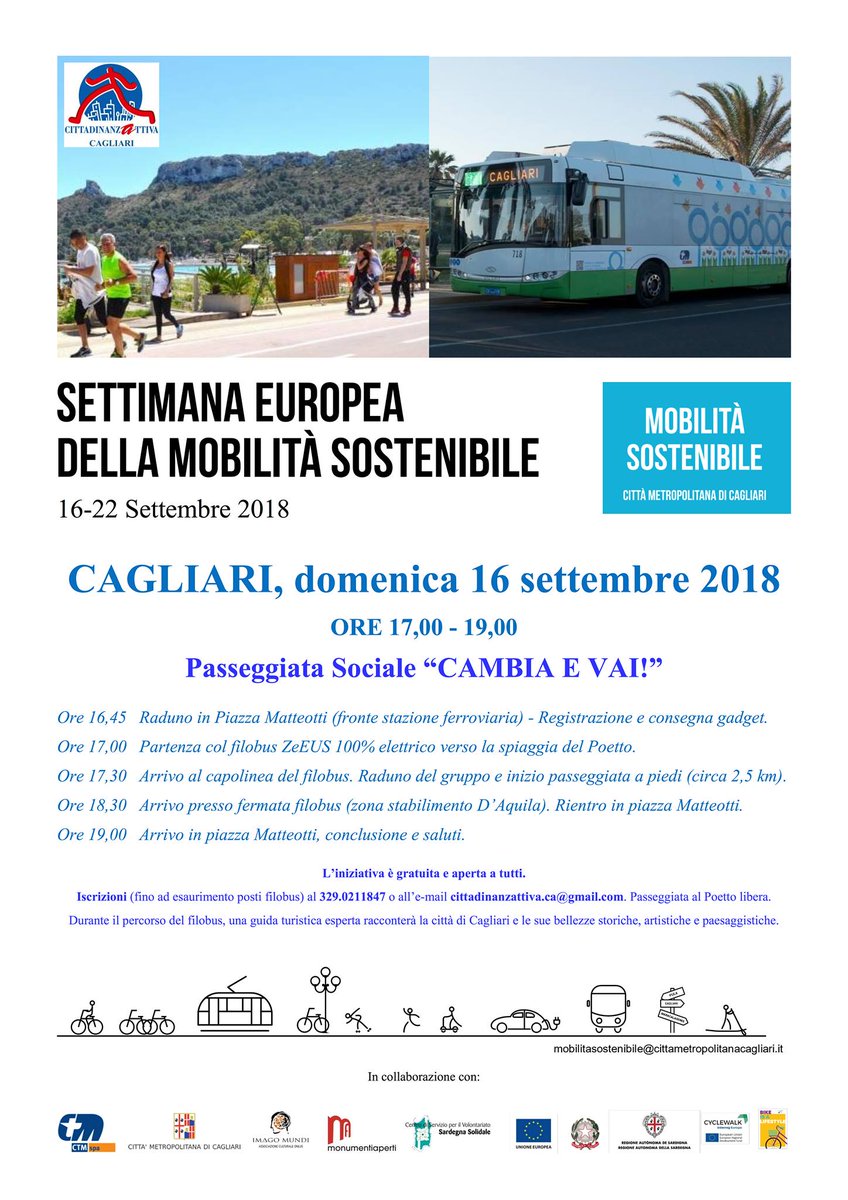A #Cagliari domenica 16 settembre alle 17 appuntamento in piazza Matteotti per una passeggiata sociale all'insegna della #mobilitasostenibile. 
Promosso da Imago Mundi Onlus e Cittadinanzattiva Cagliari, grazie a <a href="/CTM_Cagliari/">CTM SPA</a> che partecipa con i bus #ZEUS 100% elettrici