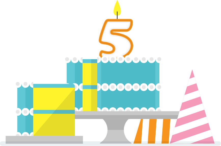 Illustration of a cake with a candle in the shape of a 5