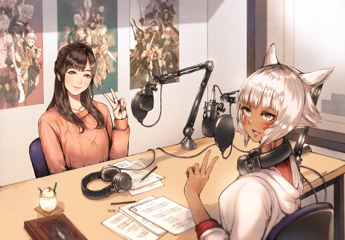 y'shtola rhul miqo'te multiple girls 2girls animal ears v microphone cat ears  illustration images