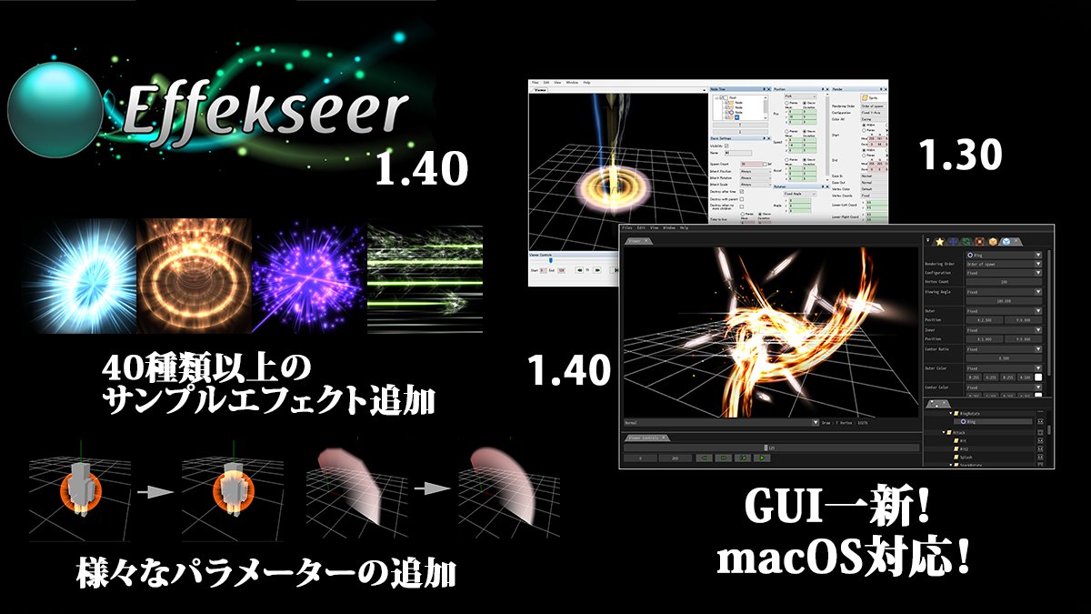 Effekseer Effekseer1 40リリース Effekseerは主要なゲームエンジン殆どに対応しているエフェクト作成ツールです 今回の大きな更新はguiの一新とmacos対応です 加えて 歪みの改良 軌跡の改良 アニメーション付fbxのサポート 40種類以上のサンプル