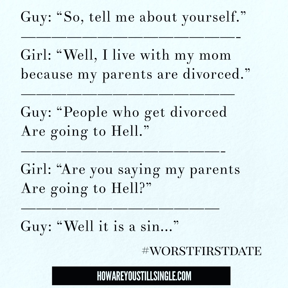 howareyoustill1's tweet image. Don’t tell your first date you think her parents are going to burn in Hell 🔥🔥🔥

Click the link in my bio to listen to more on my podcast. ⬆️❤️

#datingadvice #howareyoustillsingle #worstdates 

#whyimsingle #singleinthemodernworld #dating #blog #podcast #blogger