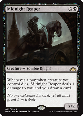 Midnight Reaper. Black card draw on a creature, and it has relevant types:  Zombie Knight. More spoilers at https://t.co/4yR2fL8KPN #MTGGRN