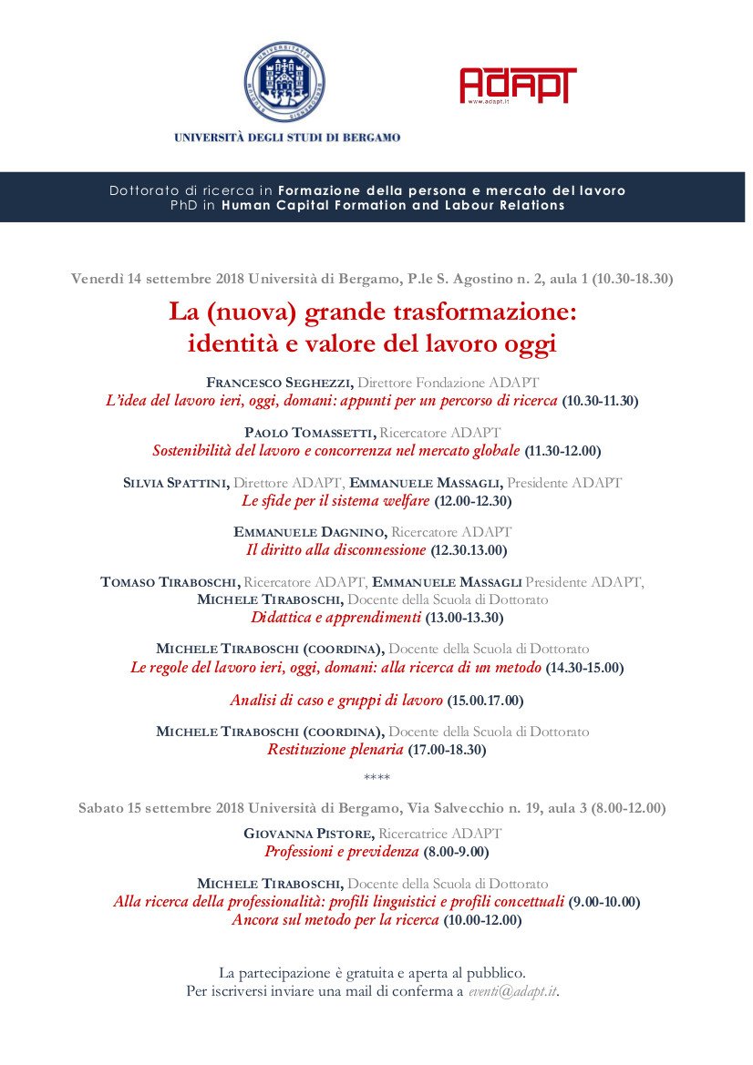 Nuova grande #trasformazione del #lavoro ne parliamo il prossimo 14 e 15 settembre <a href="/UniBergamo/">UniBg</a> un tema trasversale visto dalle prospettive del #diritto alla #disconnessione #welfare #sostenibilità #concorrenza #didattica #previdenza #ricerca #regole bit.ly/2N57XW6