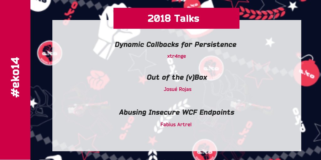 Register for #eko14 and get the inside scoop on the talks we’ve lined up!
Adding 3 more gems to our list:
<a href="/xtr4nge/">FruityWifi (dev)</a> <a href="/NoxOner/">Larry Lurex</a> <a href="/fabiusartrel/">Fabius Artrel</a>