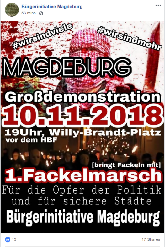 recherchemd's tweet photo. Unter dem Label "Bürgerinitiative Magdeburg" versuchen die #Magida-Verantwortlichen um Dennis Rosner und Matthias Fischer einen Neustart, rufen zum "1. Fackelmarsch für die Opfer der Politik und für sichere Städte"  am 10. November in Magdeburg auf. #md1011 https://t.co/l2vW6JdcAa